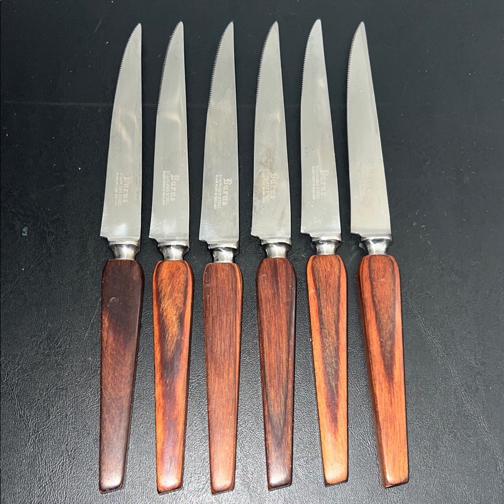 Burns Steak Knives Set of 6 with Rich Brown Handles Made in England